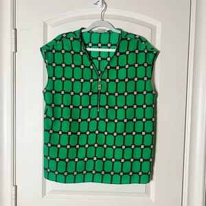 MICHAEL Michael Kors Kelly Green Geometric Square Print Zip Front Blouse Size L